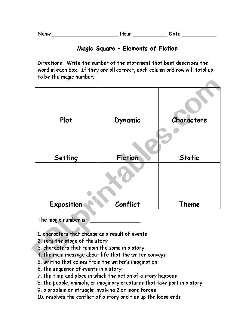 English worksheets: Elements of Fiction Magic Square Regarding Elements Of Fiction Worksheet