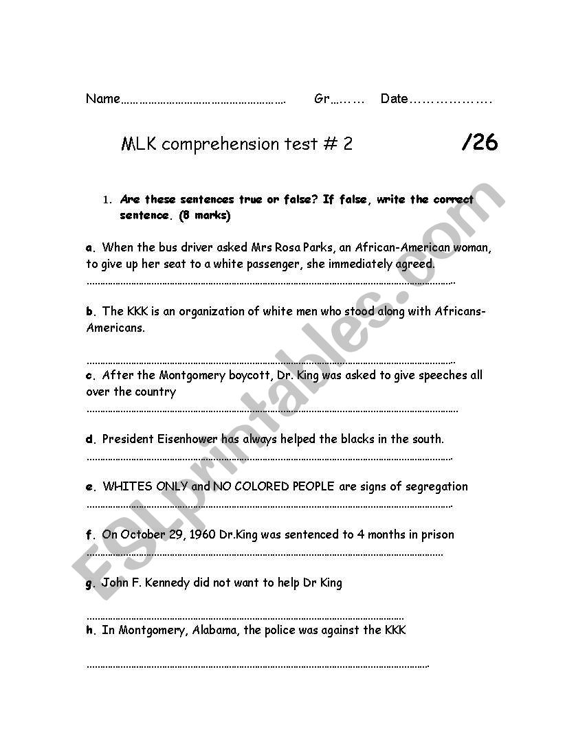 MLK comprehension test worksheet