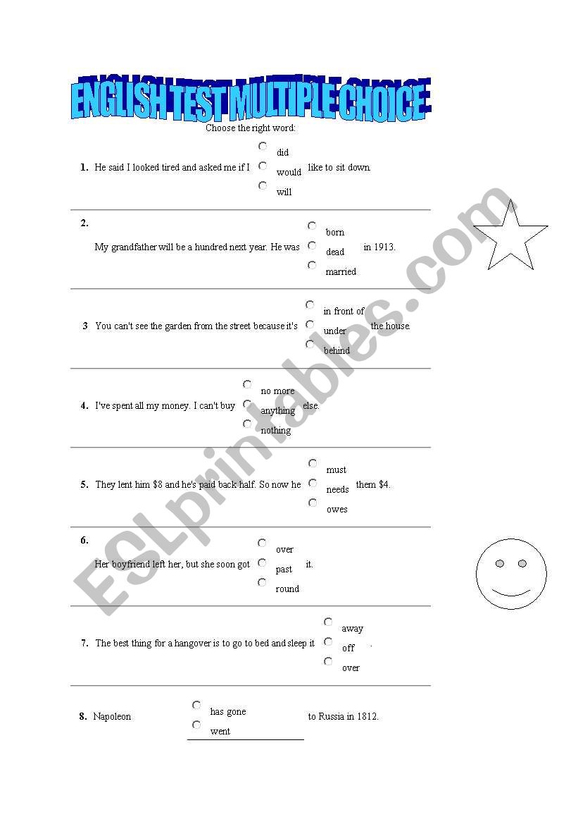 English Test Multiple Choice worksheet
