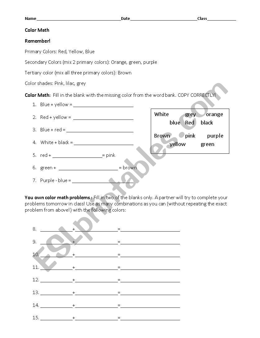 Color Math worksheet