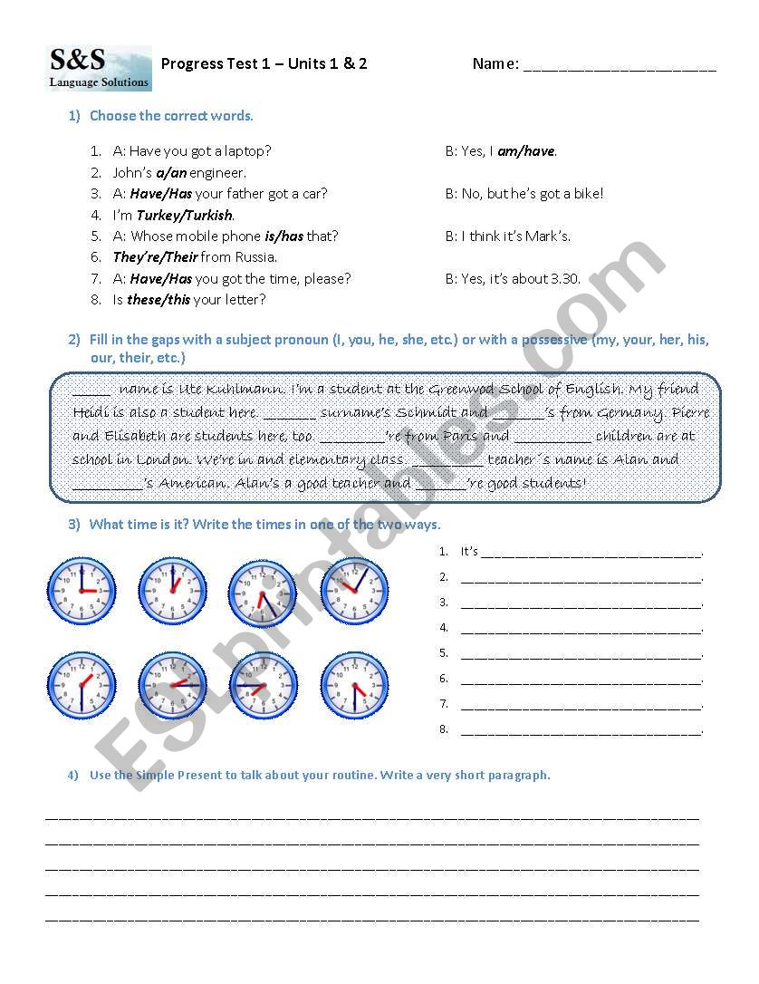 Elementary progress test worksheet