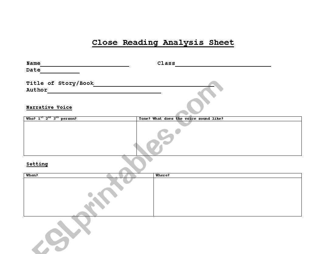 Close Reading Analysis Packet for Reading Fiction/Literature