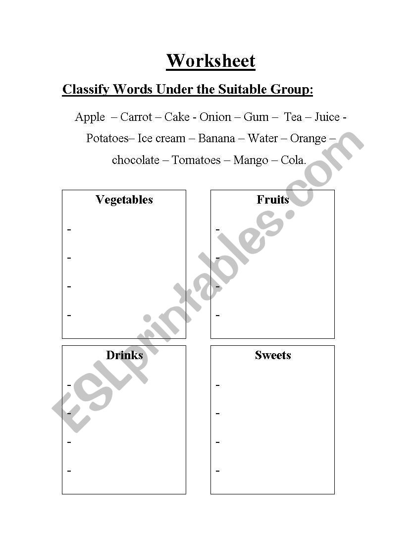 fruits ,vegetables and drinks worksheet