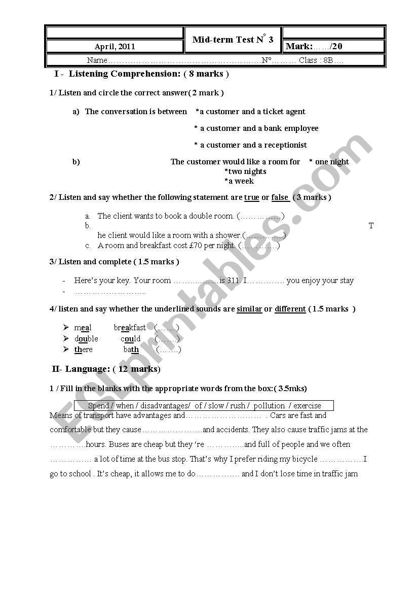 Mid- term test n°3 8th form - ESL worksheet by sabibou