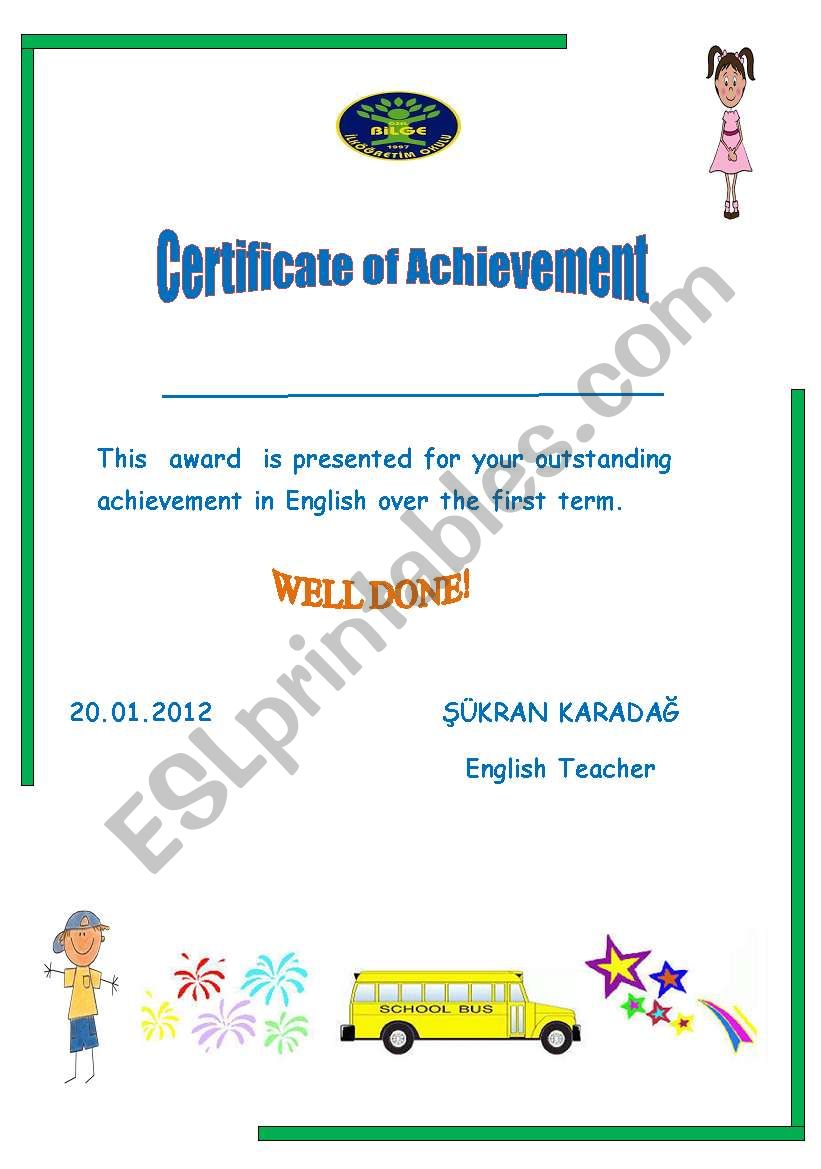 certificate of achievement ESL worksheet by star sukran