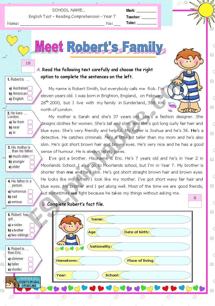 Meet Robert´s Family - Reading Test - ESL worksheet by mena22