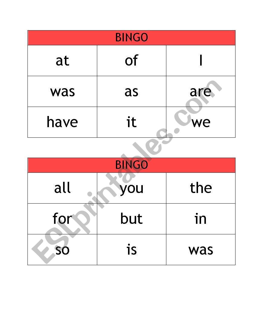 Bingo Sight words worksheet