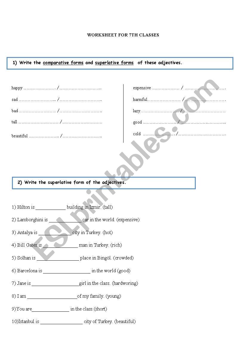 worksheet for 7th classes related to comparatives and superlatives and was/were