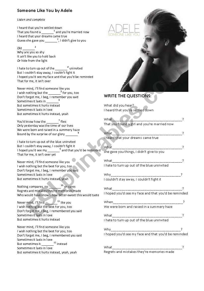 Song Someone Like You By Adele Esl Worksheet By Chat