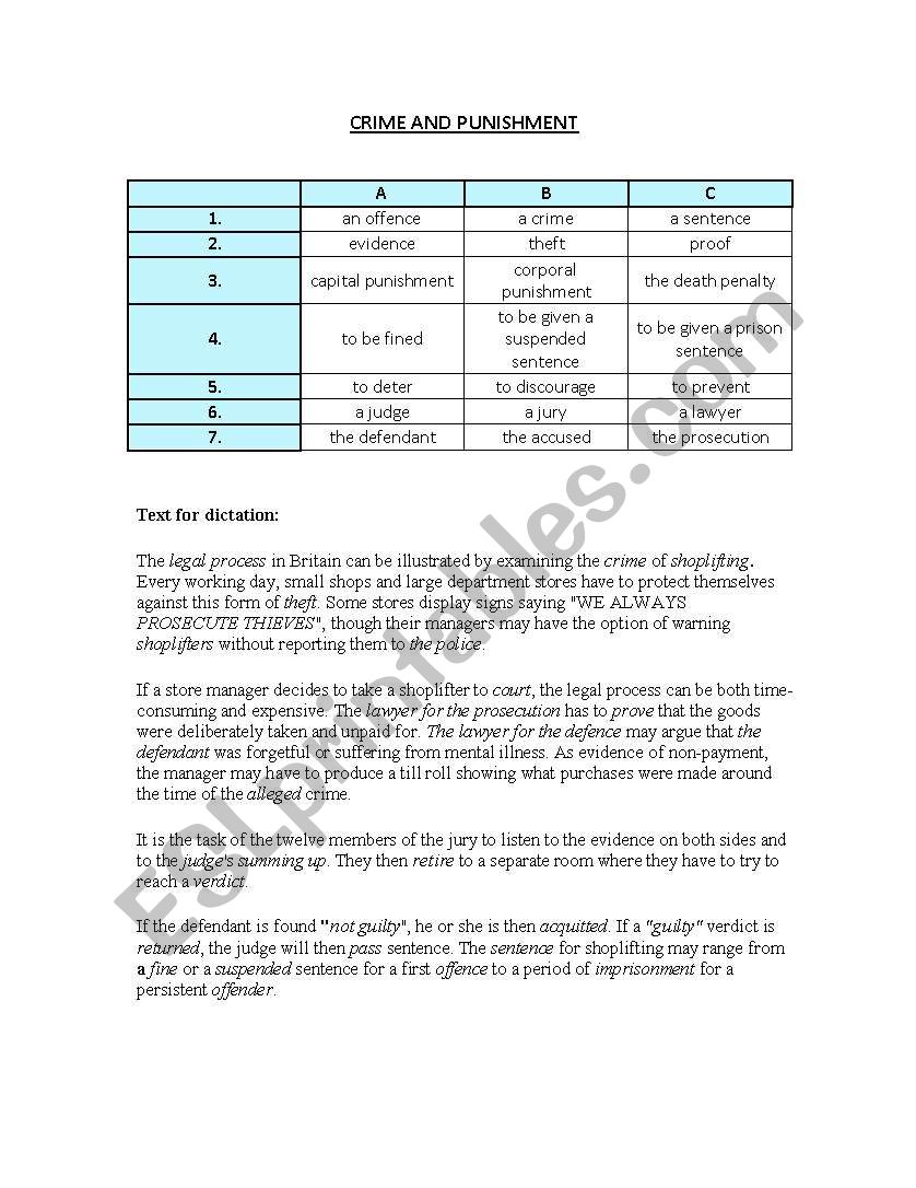 Crime and Punichment worksheet