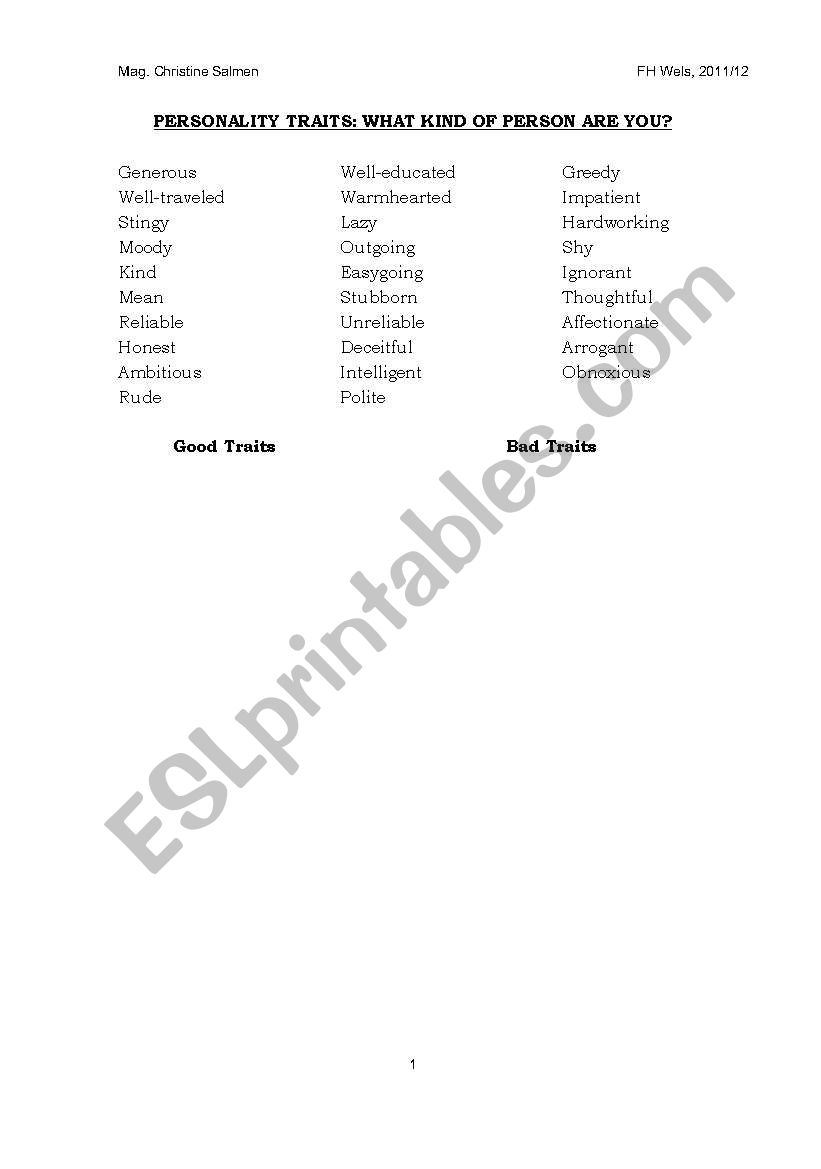 Personality Traits worksheet