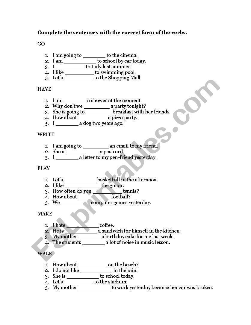 revision of forms of verbs worksheet