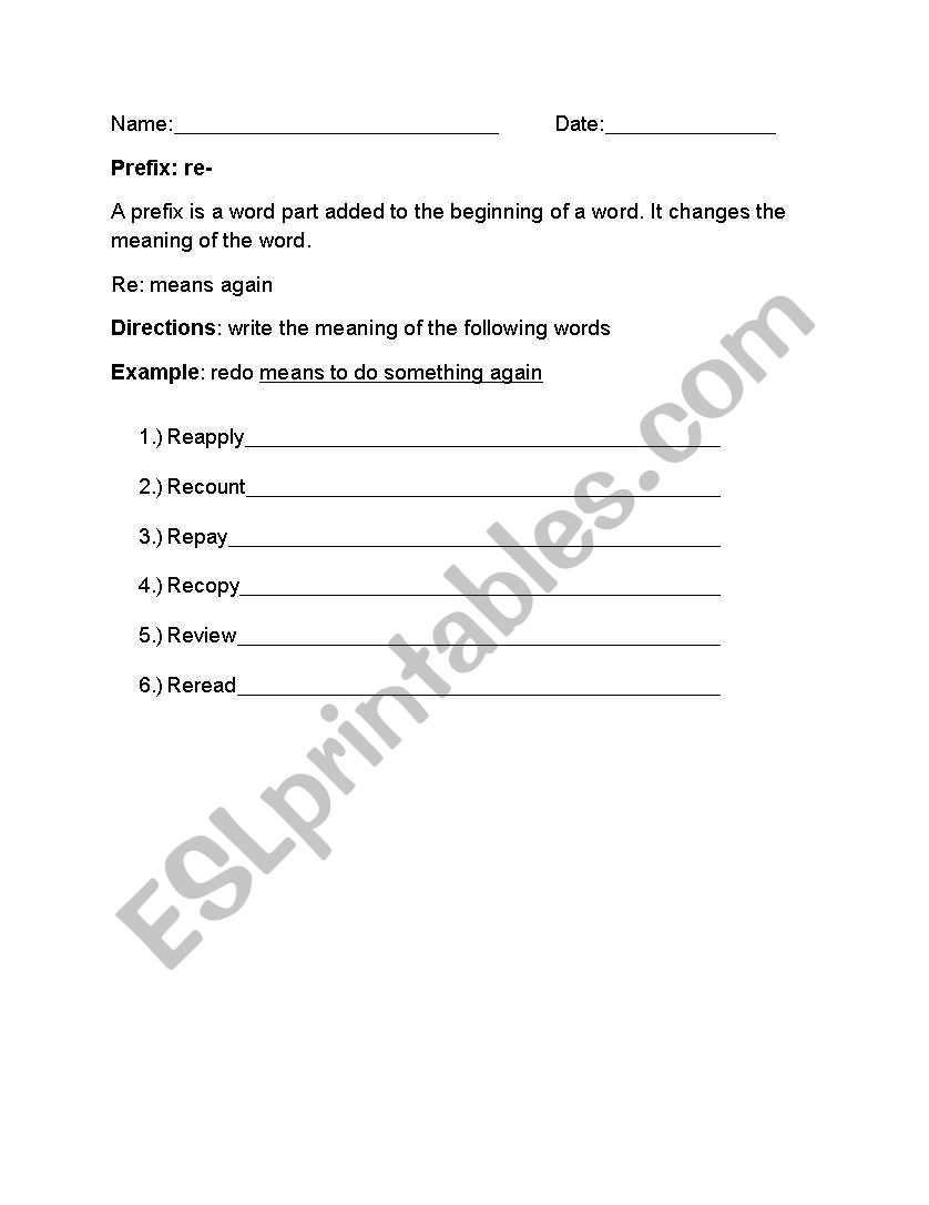 English worksheets: Prefix re-