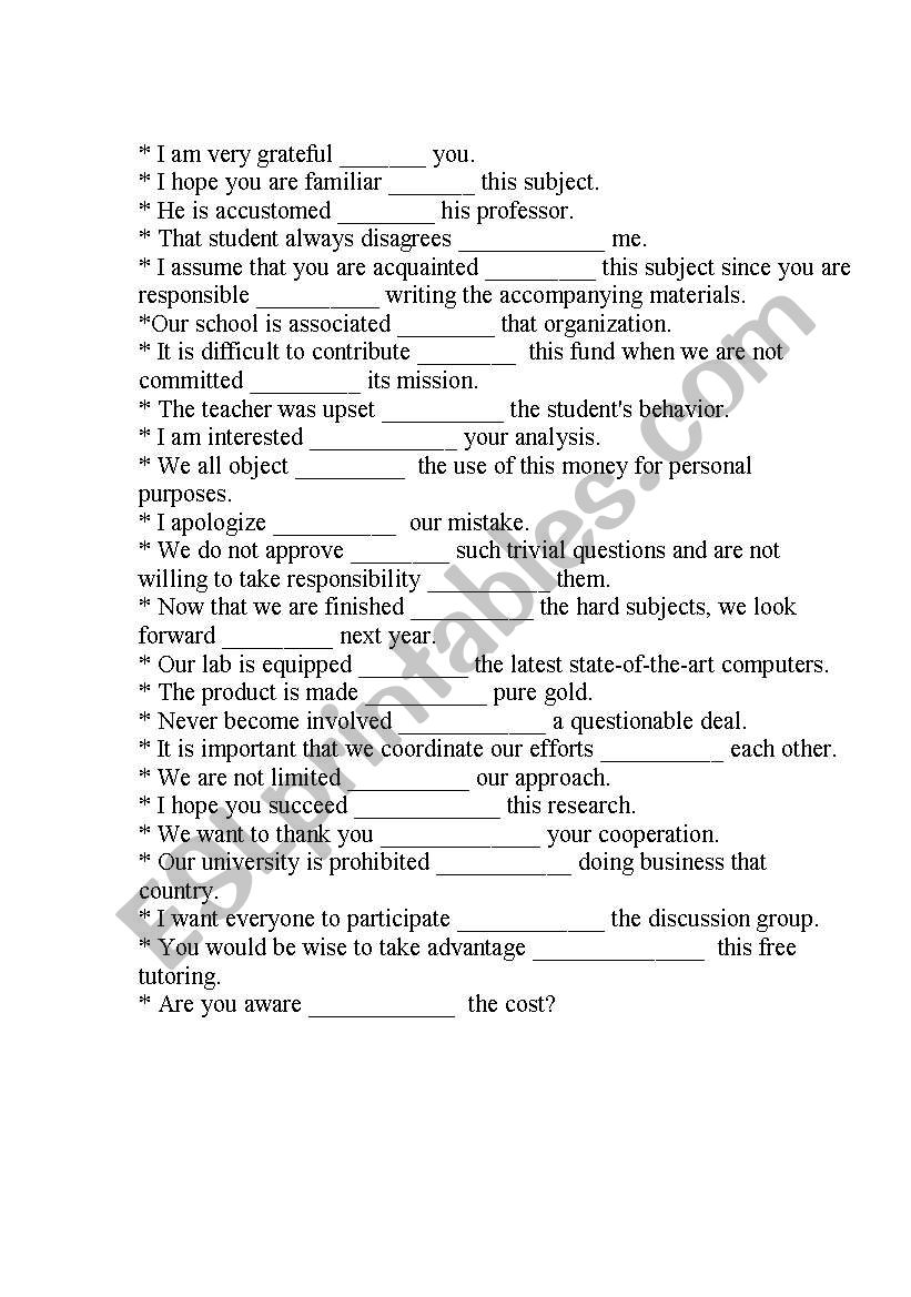 verb + preposition worksheet