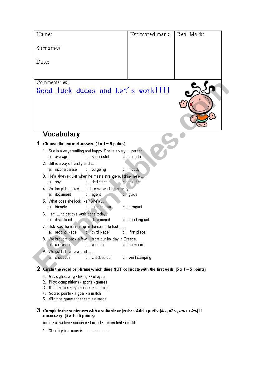 1st Bachillerato Exam worksheet