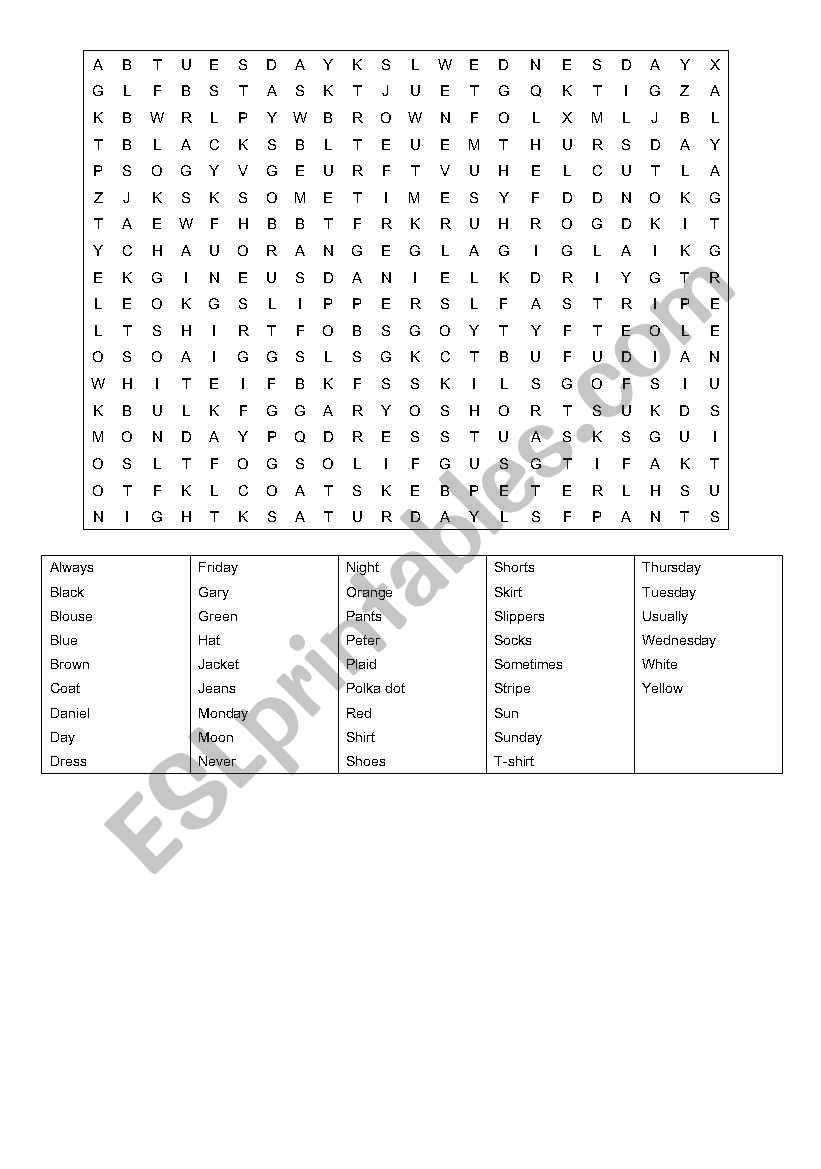 frequency colours clothes worksheet
