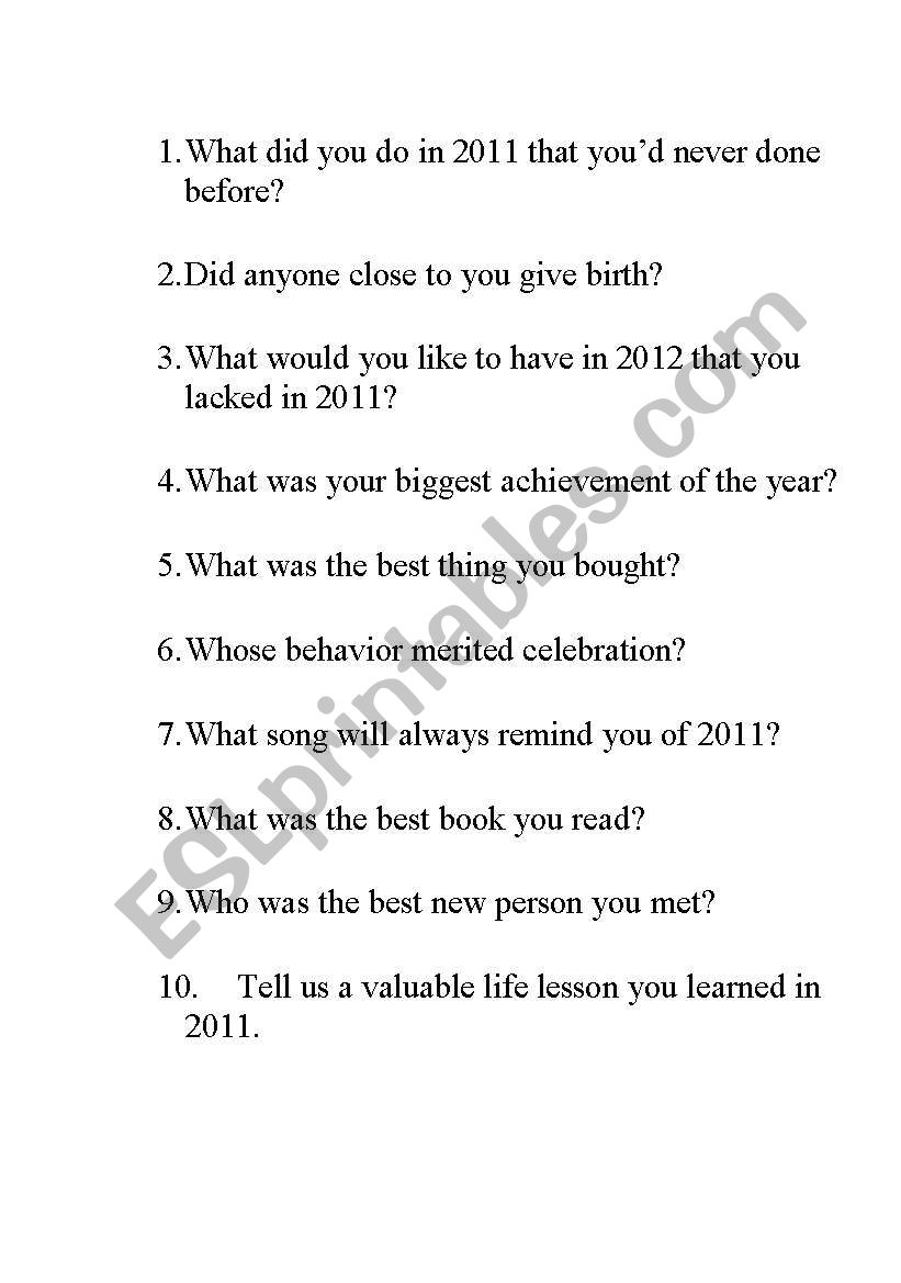 New Year questionnaire worksheet