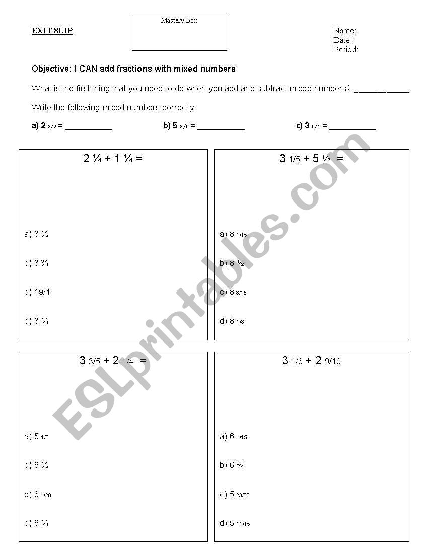English Worksheets Mixed Number Operations
