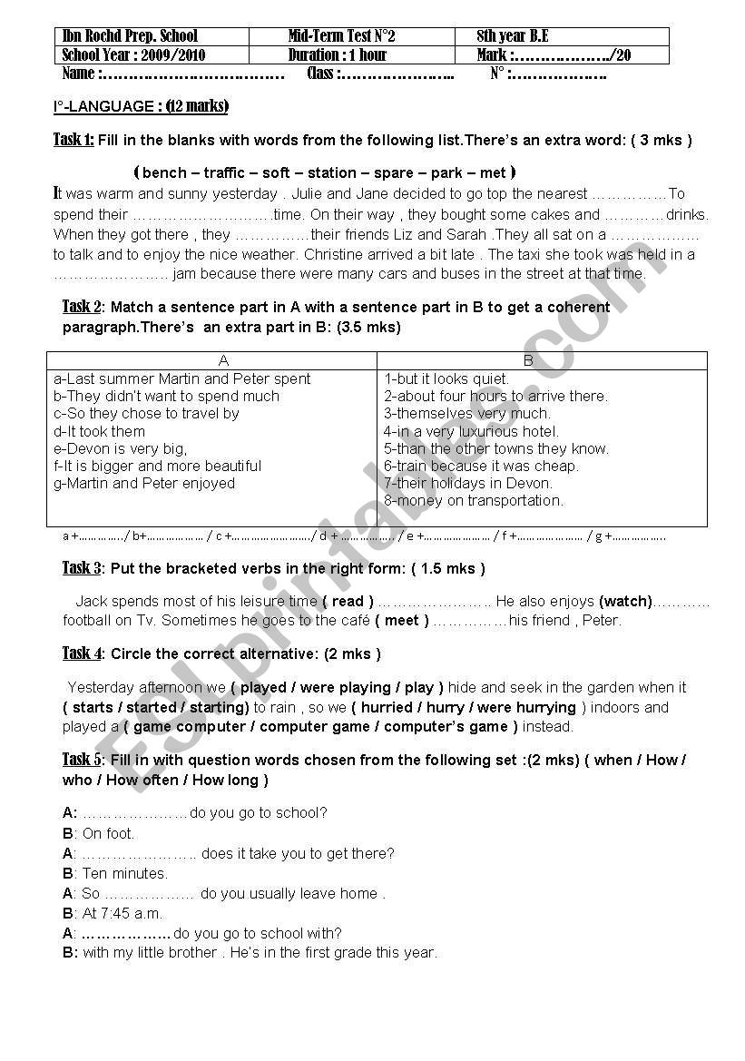 mid-term test n°2 8th form - ESL worksheet by loujein