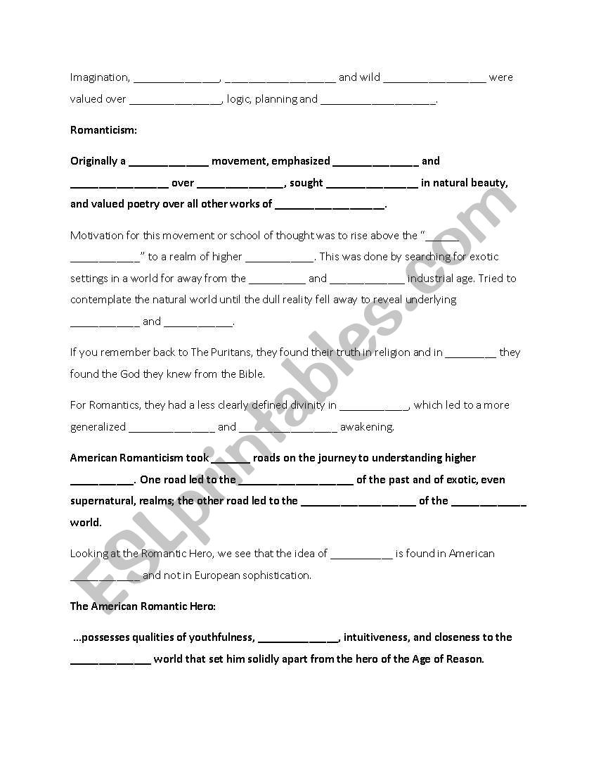 English Worksheets American Romanticism Guide