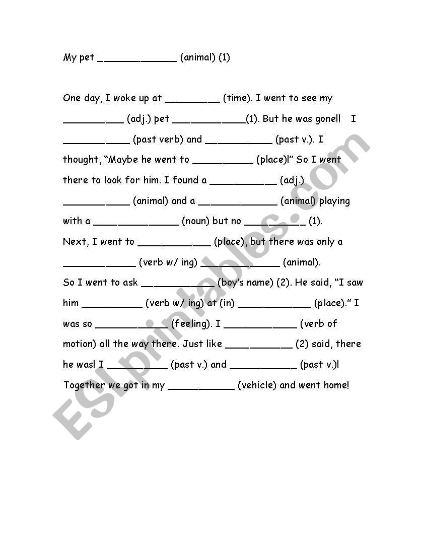 Madlib- My Pet worksheet