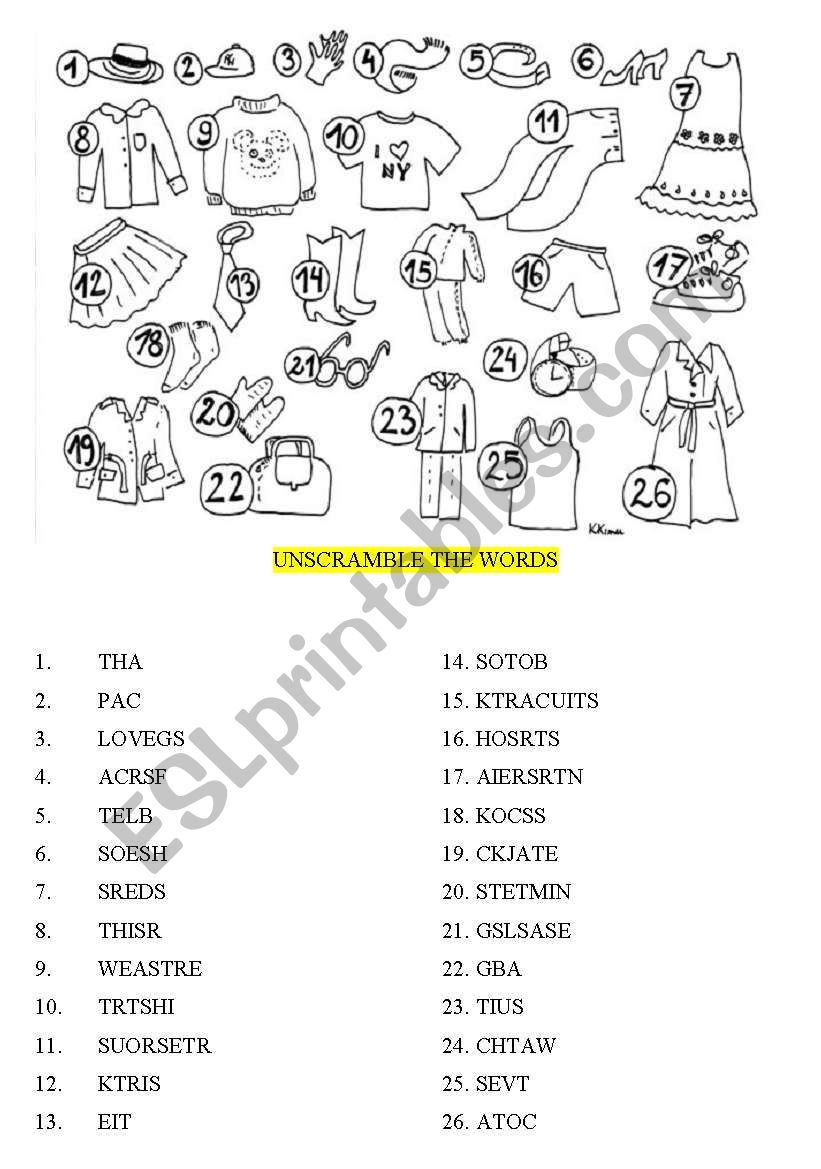 CLOTHES - UNSCRAMBLE THE WORDS - ESL worksheet by DUSIA