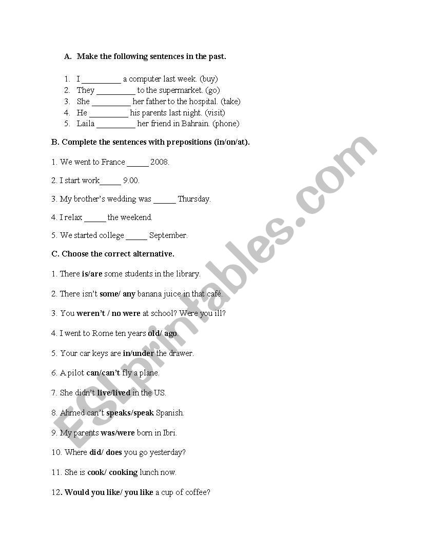 grammar revesion worksheet