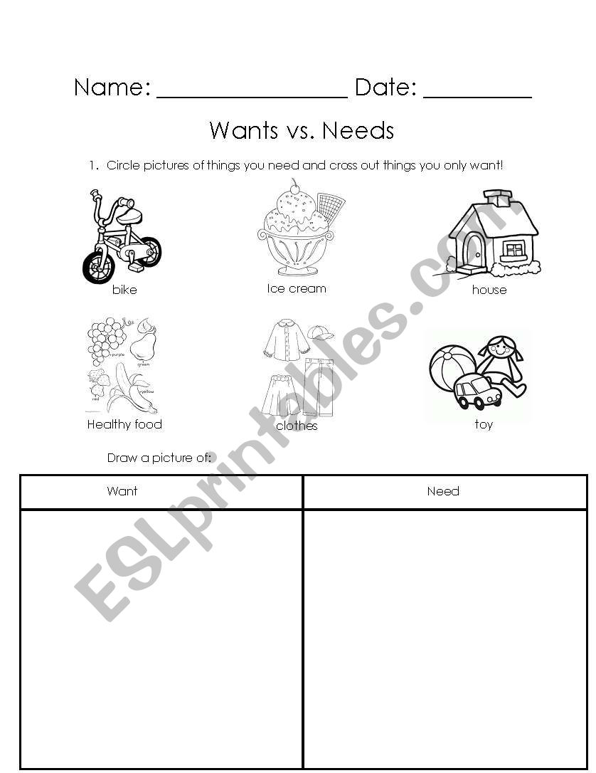 English worksheets: Wants Vs. Needs Regarding Wants Vs Needs Worksheet