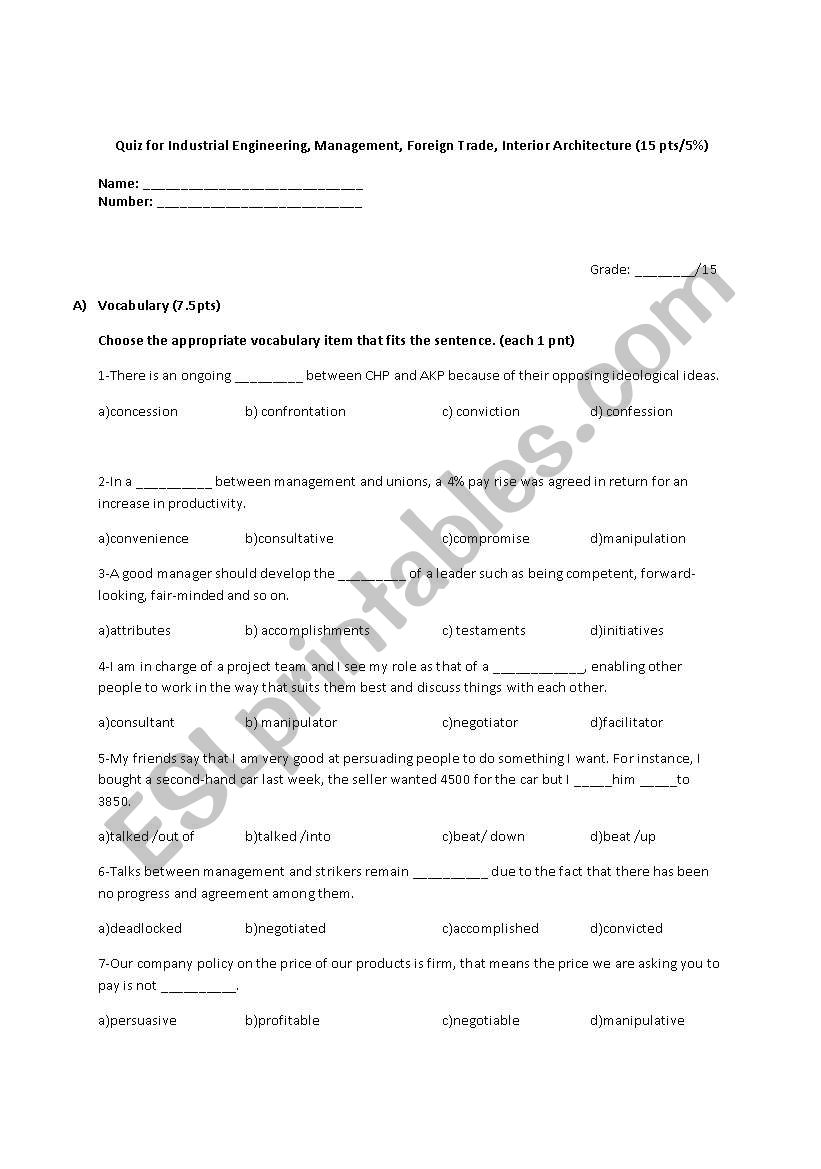 Quiz for industrial engineers worksheet