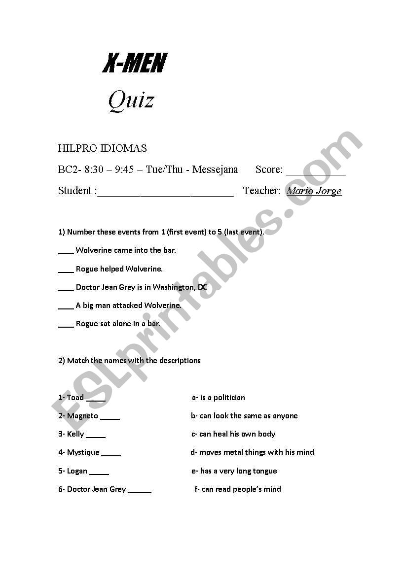 X-men Quiz worksheet