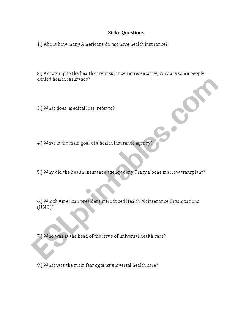 Sicko Movie Questions worksheet