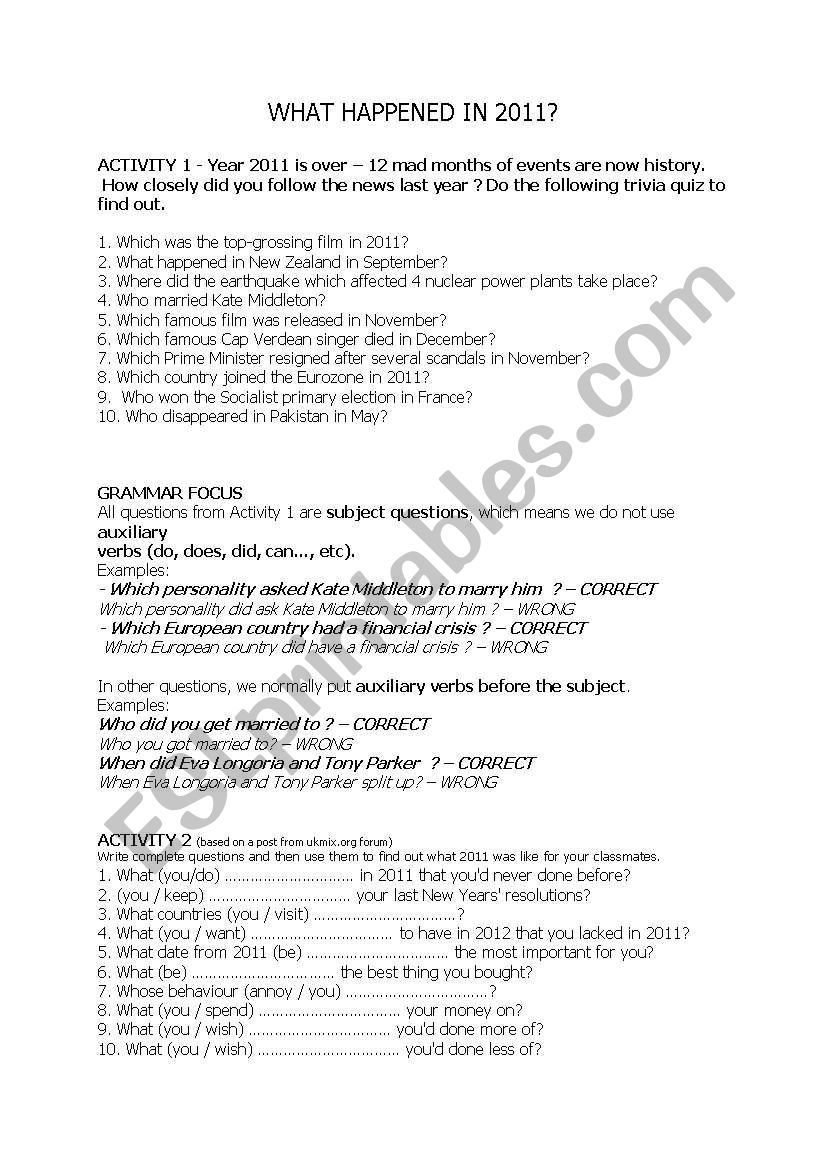 2011 - a quiz worksheet
