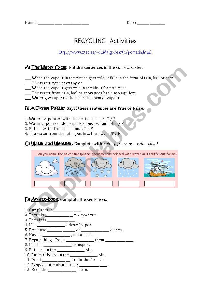 Online recycling activities worksheet