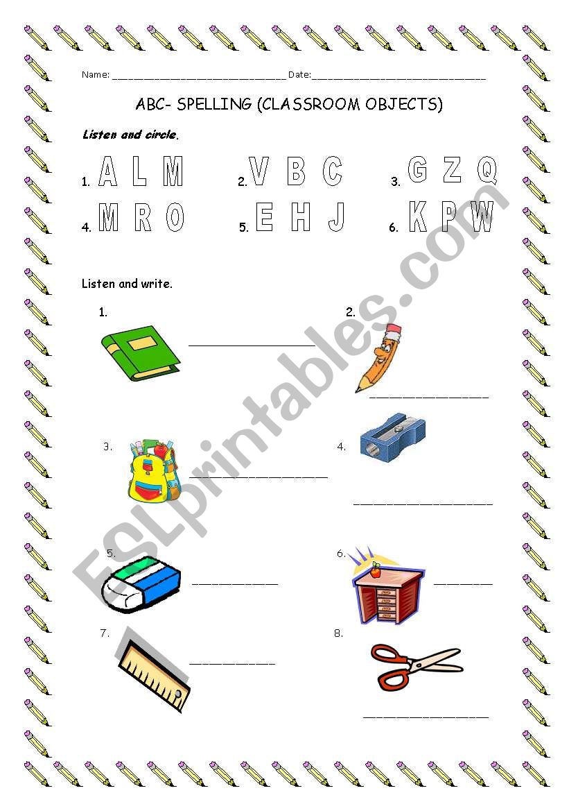 spelling classroom objects worksheet