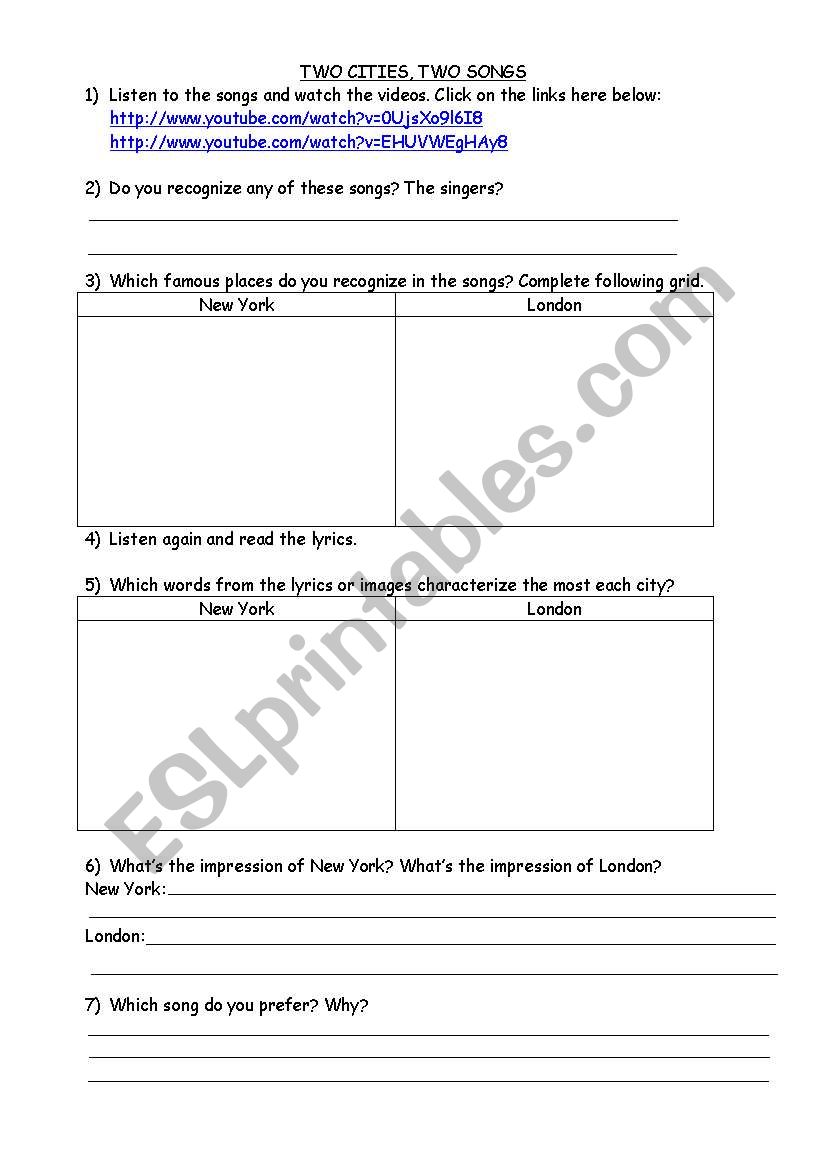Two cities two songs worksheet