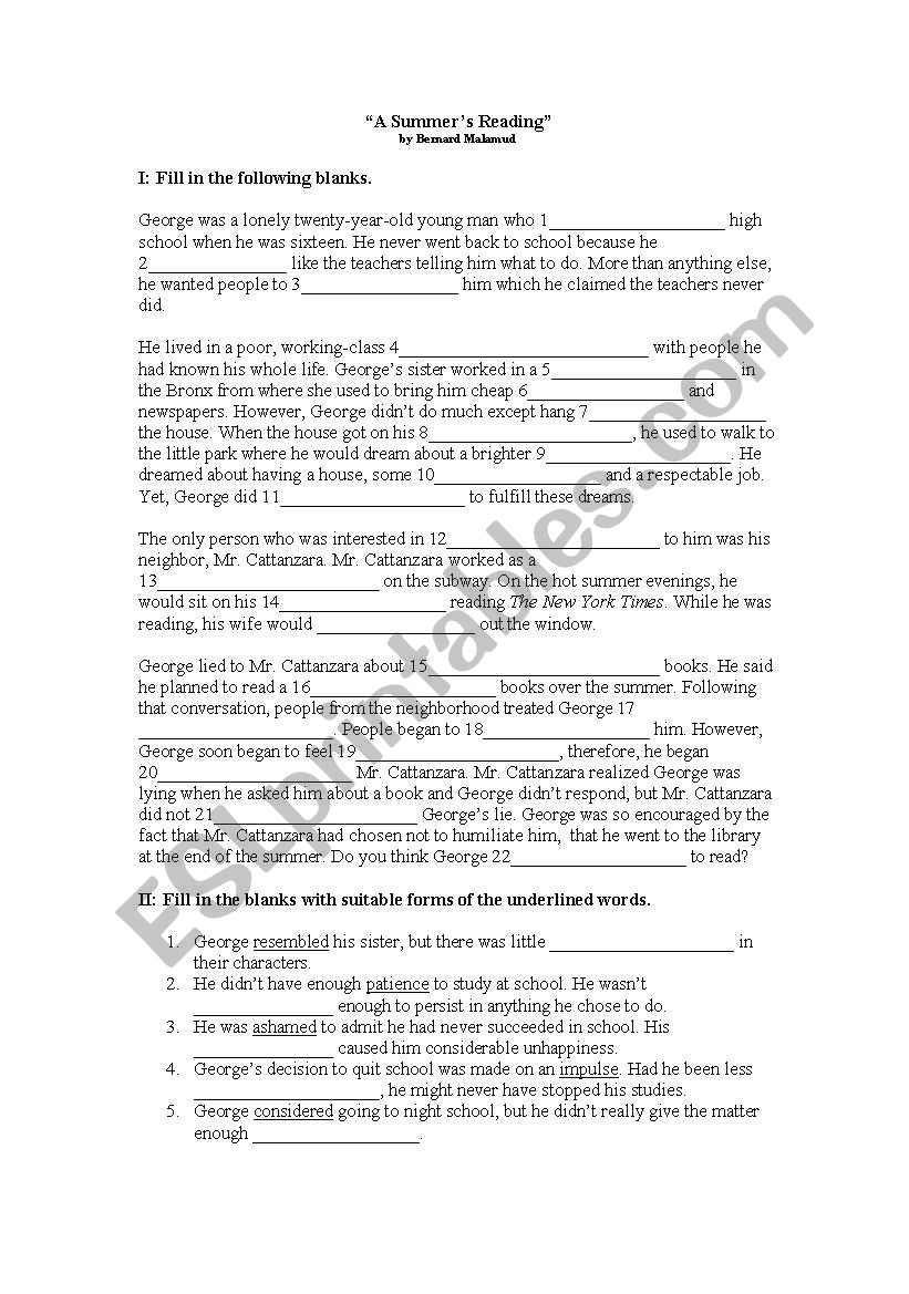 A Summers Reading Exercises worksheet