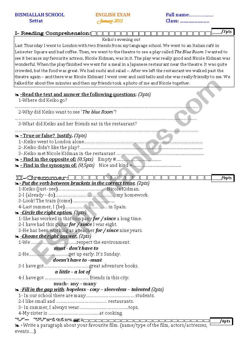 English exam worksheet