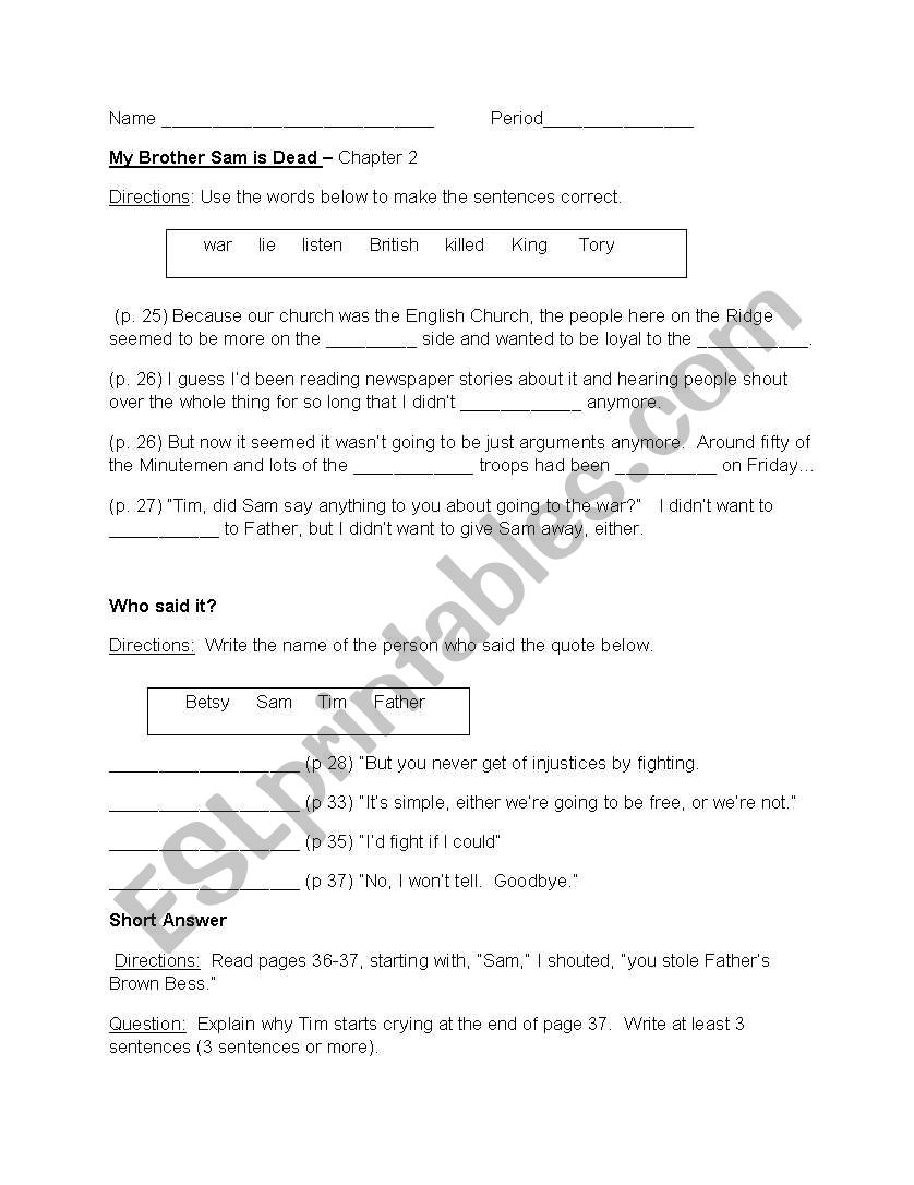 My Brother Sam is Dead - Chapter 2 Worksheet