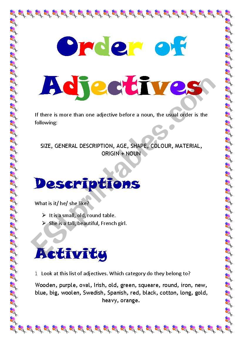 Order of adjectives worksheet