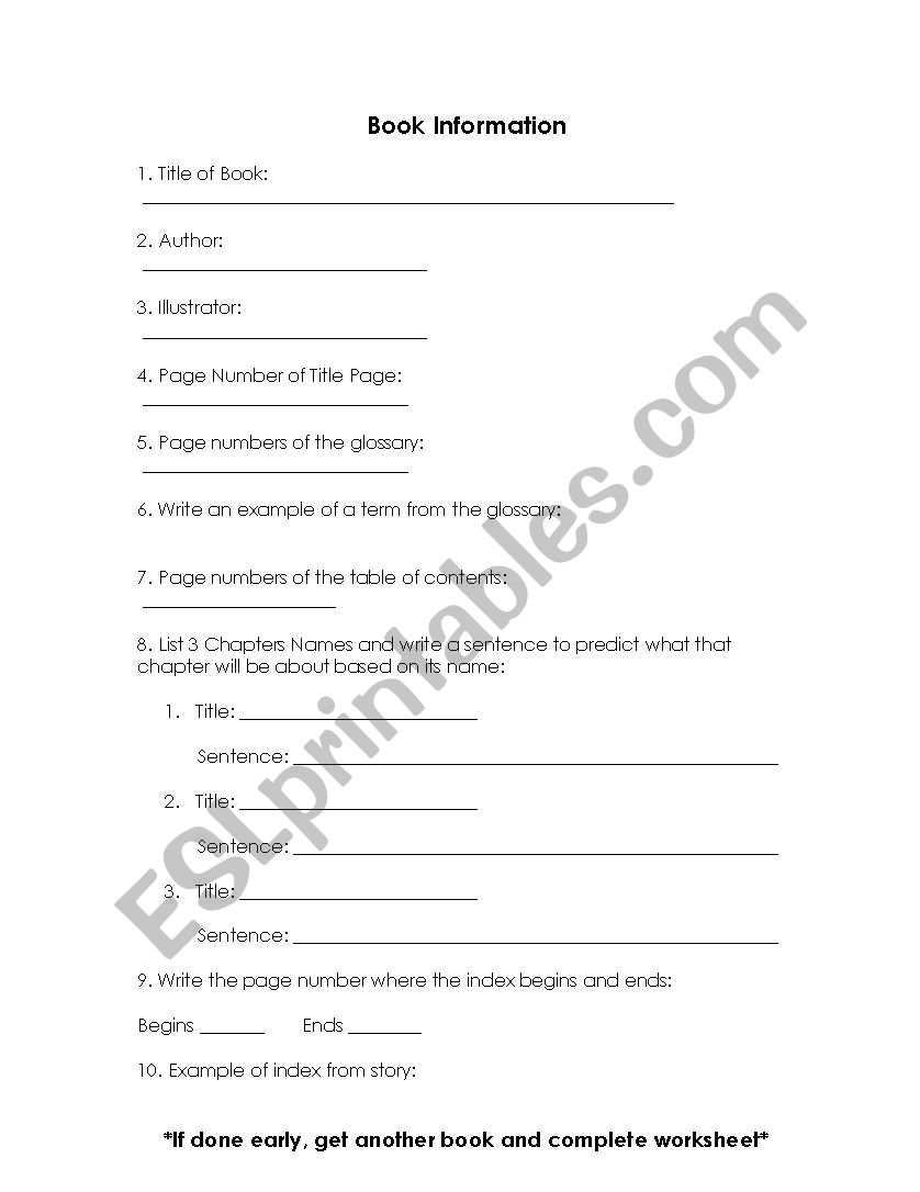 Book Information Guide worksheet