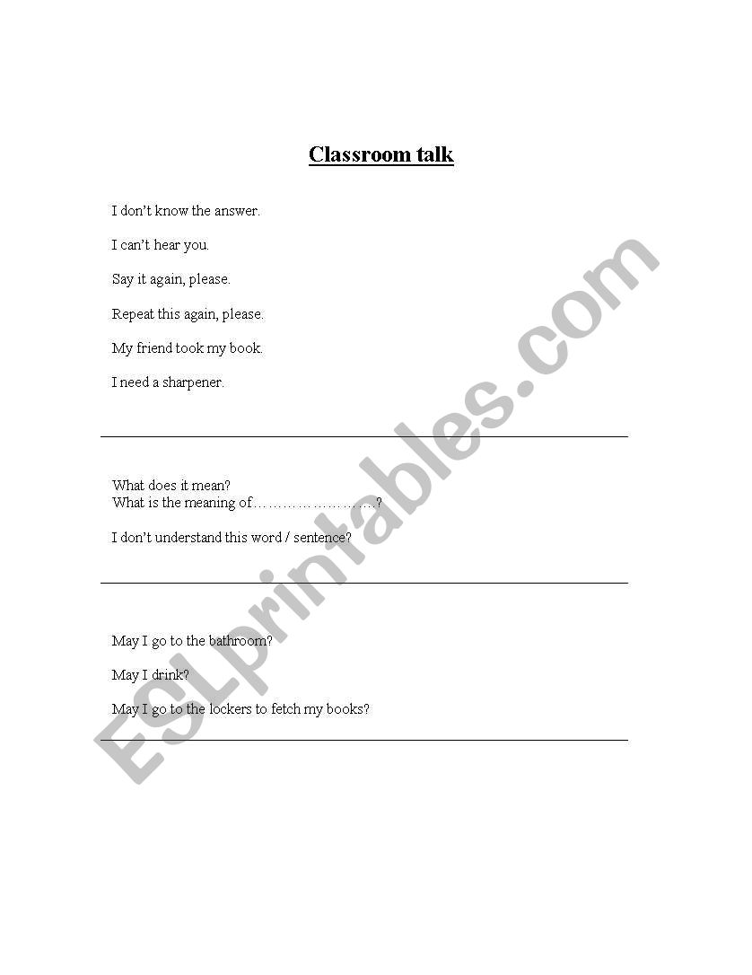 Class Room Language worksheet