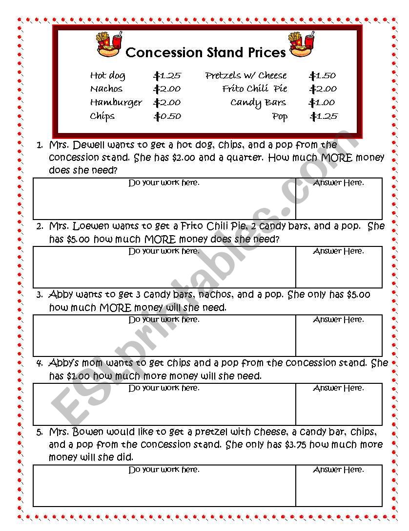 Concession Stand math  worksheet