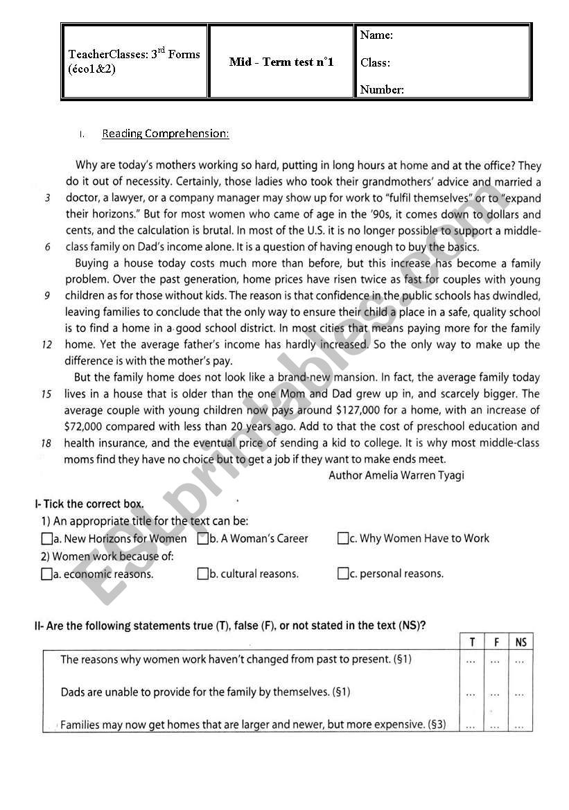 Mid - Term test n¢ª1 3rd Forms - ESL worksheet by nina111