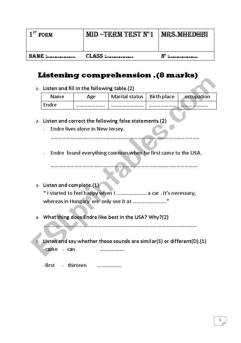 mid-term test 1  worksheet