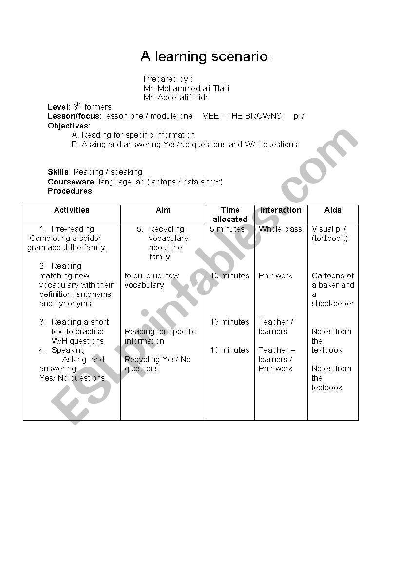 a learning senario 8th form worksheet