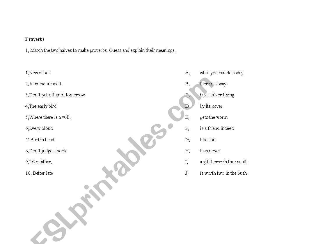 English Worksheets English Proverbs Matching Activity