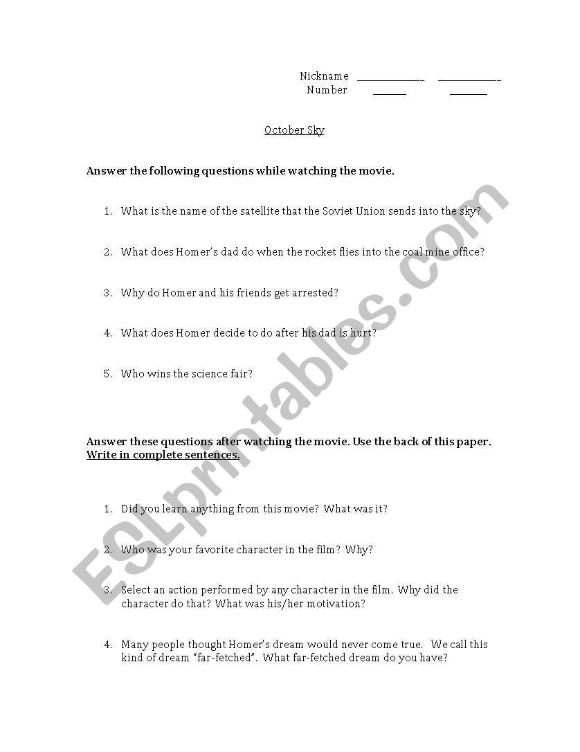 English worksheets: October Sky Movie Guide