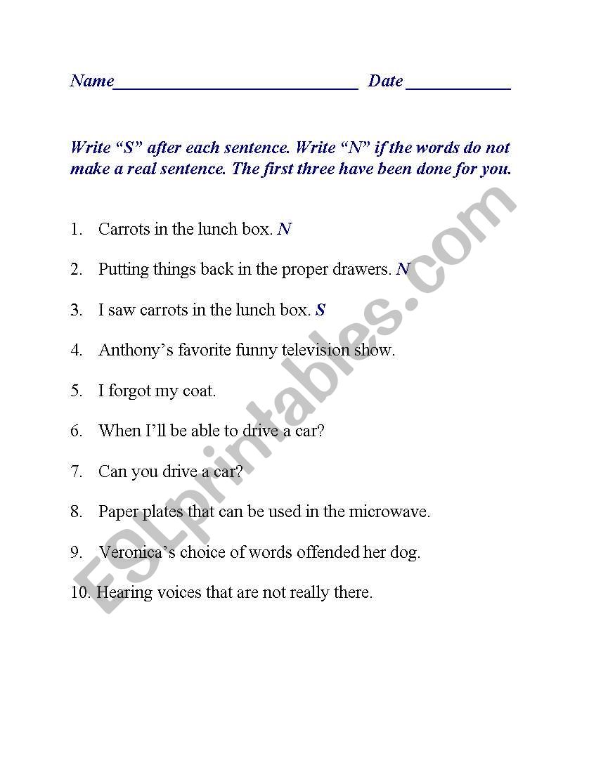 Sentence Sense worksheet