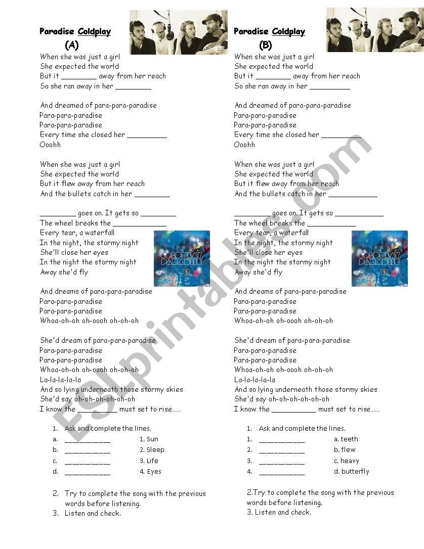 paradise by Coldplay worksheet