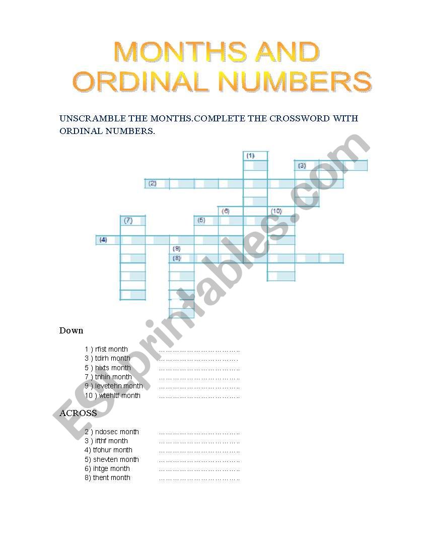 months and ordinal numbers worksheet